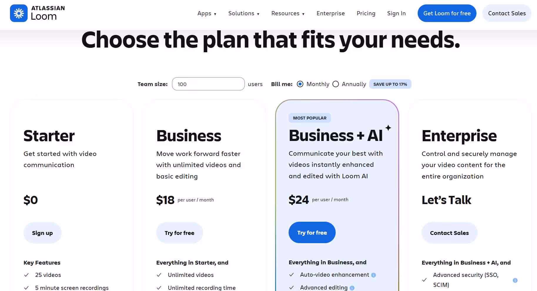Atlassian Loom pricing page showing four plans: Starter, Business, Business + AI, and Enterprise