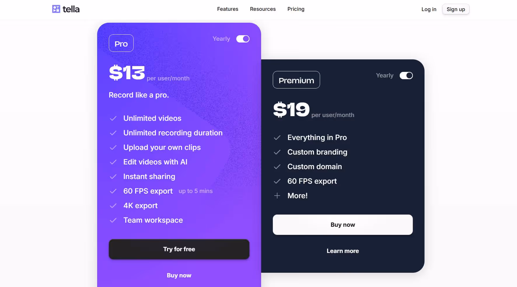 Tella pricing page with two plans: Pro and Premium
