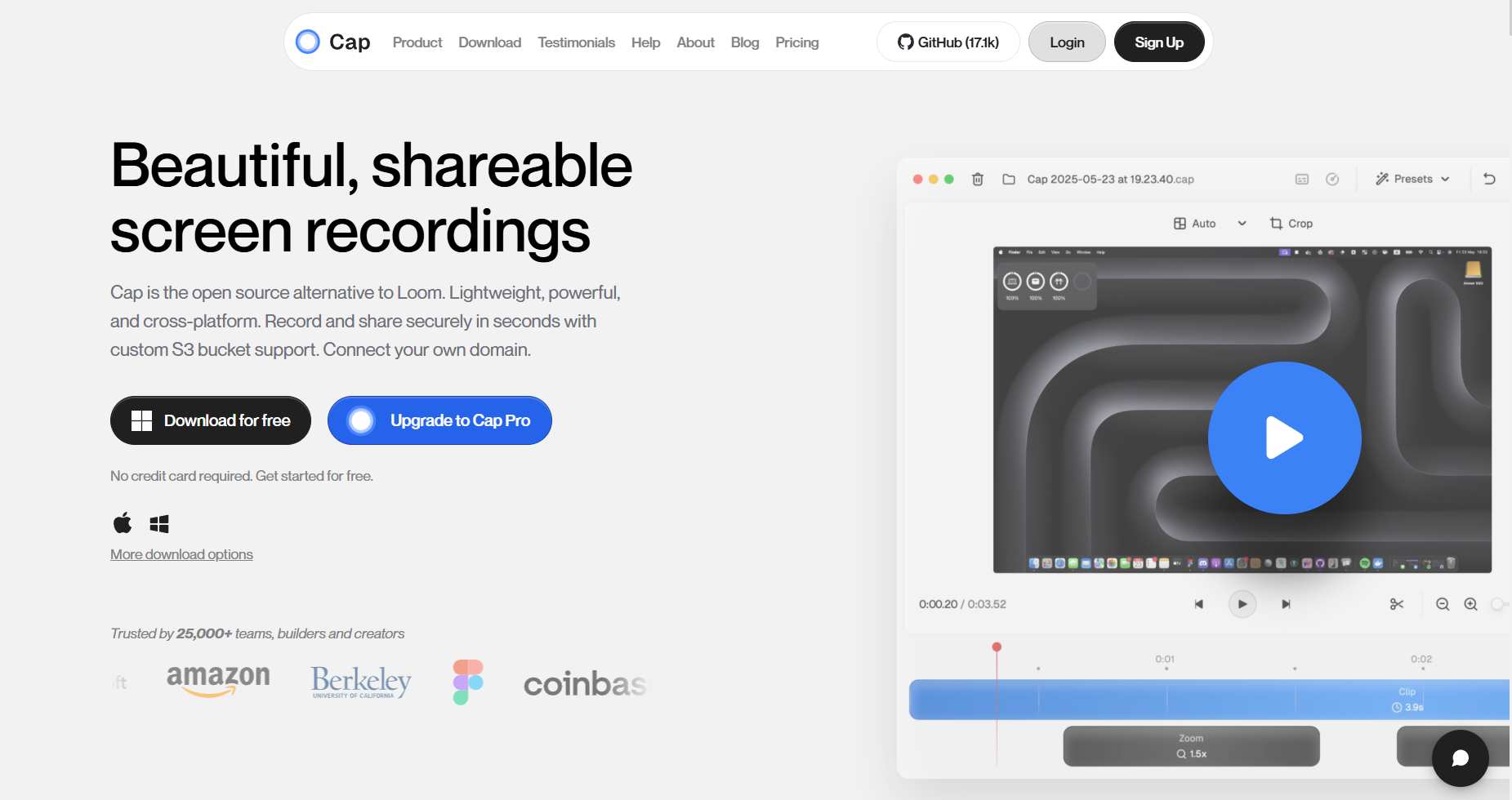 Cap desktop application with a headline "Beautiful, shareable screen recordings"