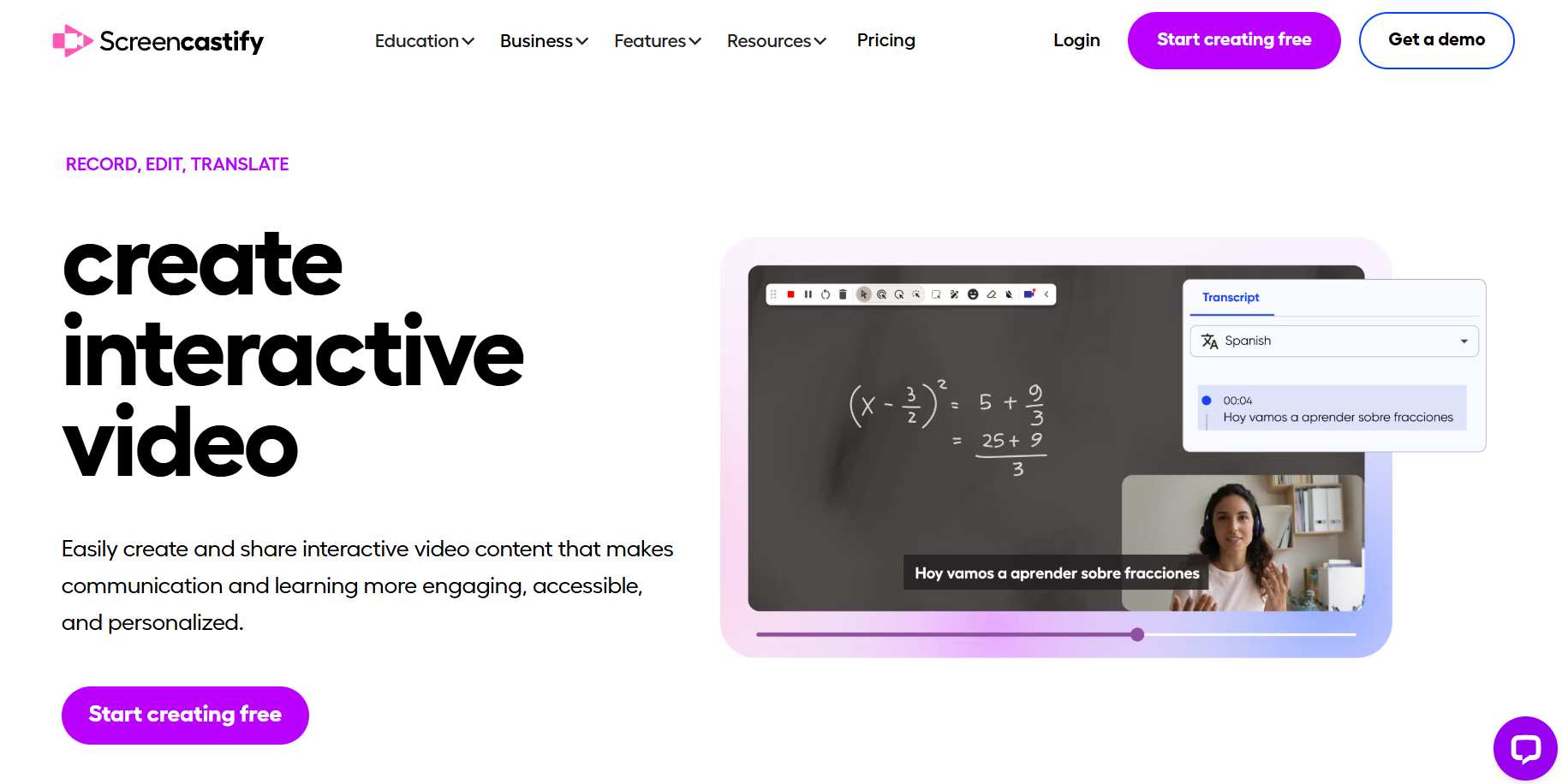 Screencastify homepage showing interactive video creation interface.