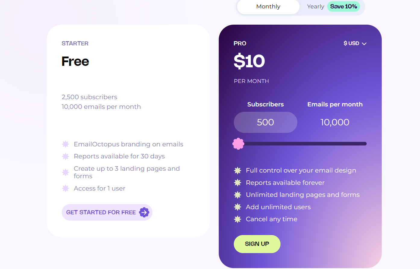 EmailOctopus pricing page