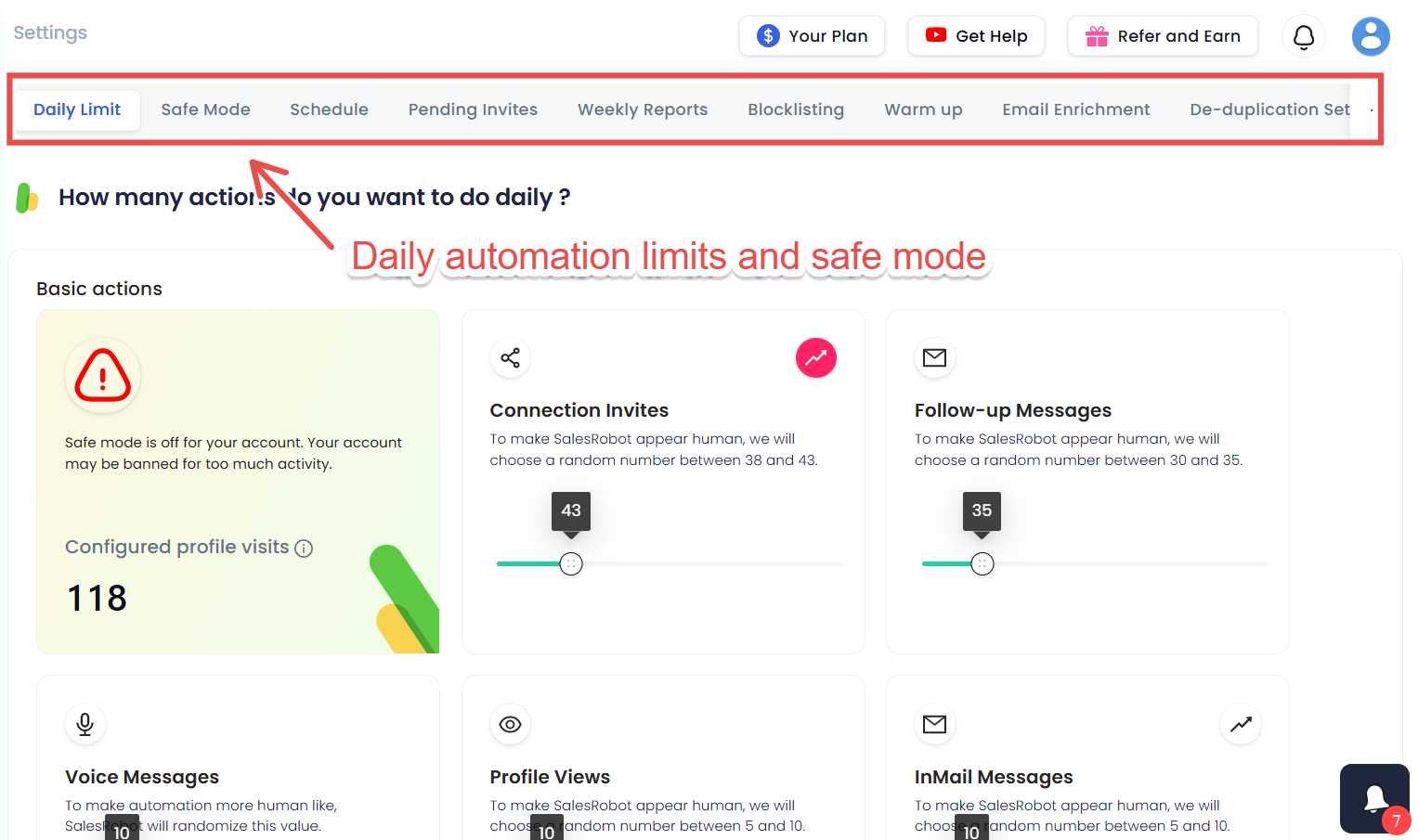 SalesRobot daily automation limits and safe mode settings.