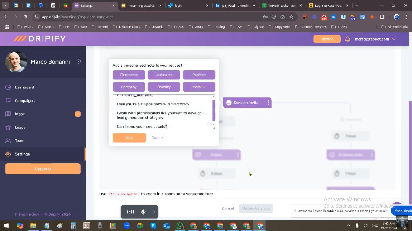 Screenshot of DripiFy software showing a personalized note to add to a connection request.