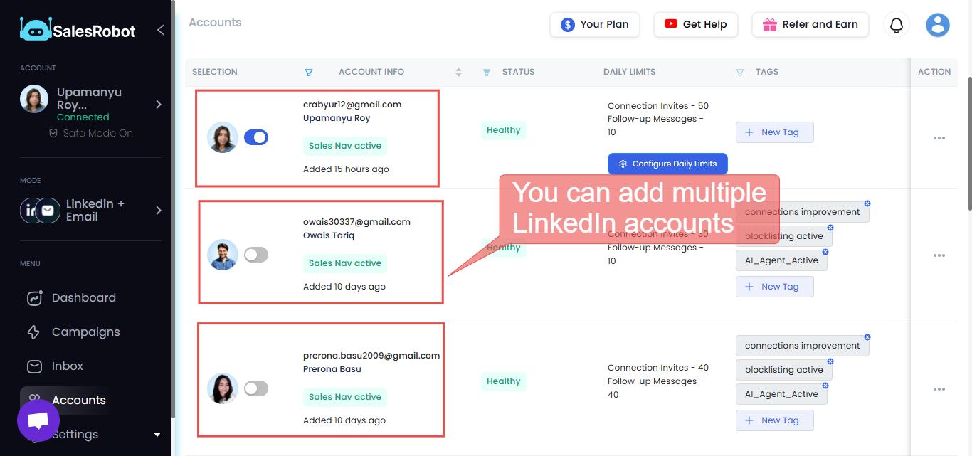 Multiple LinkedIn accounts management screen