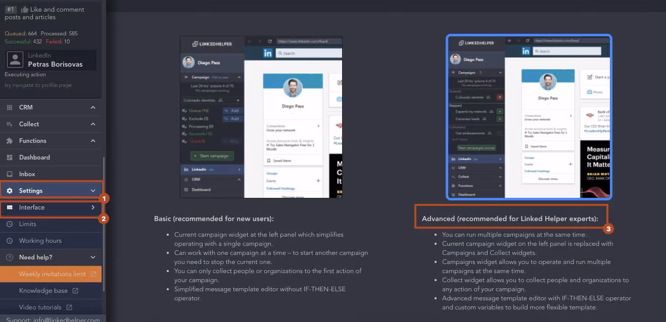 Linked Helper interface options for new and advanced users