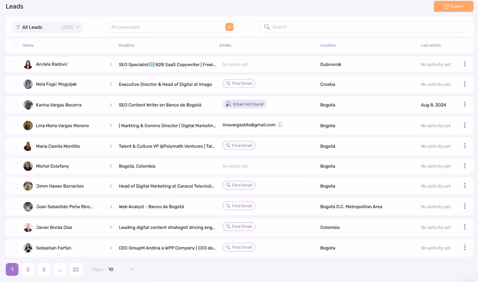 SalesRobot leads page showing a list of potential leads with details and location.