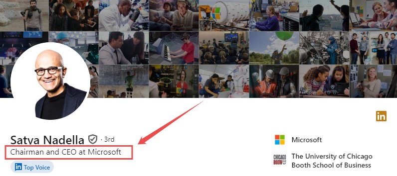 Satya Nadella's job title on LinkedIn