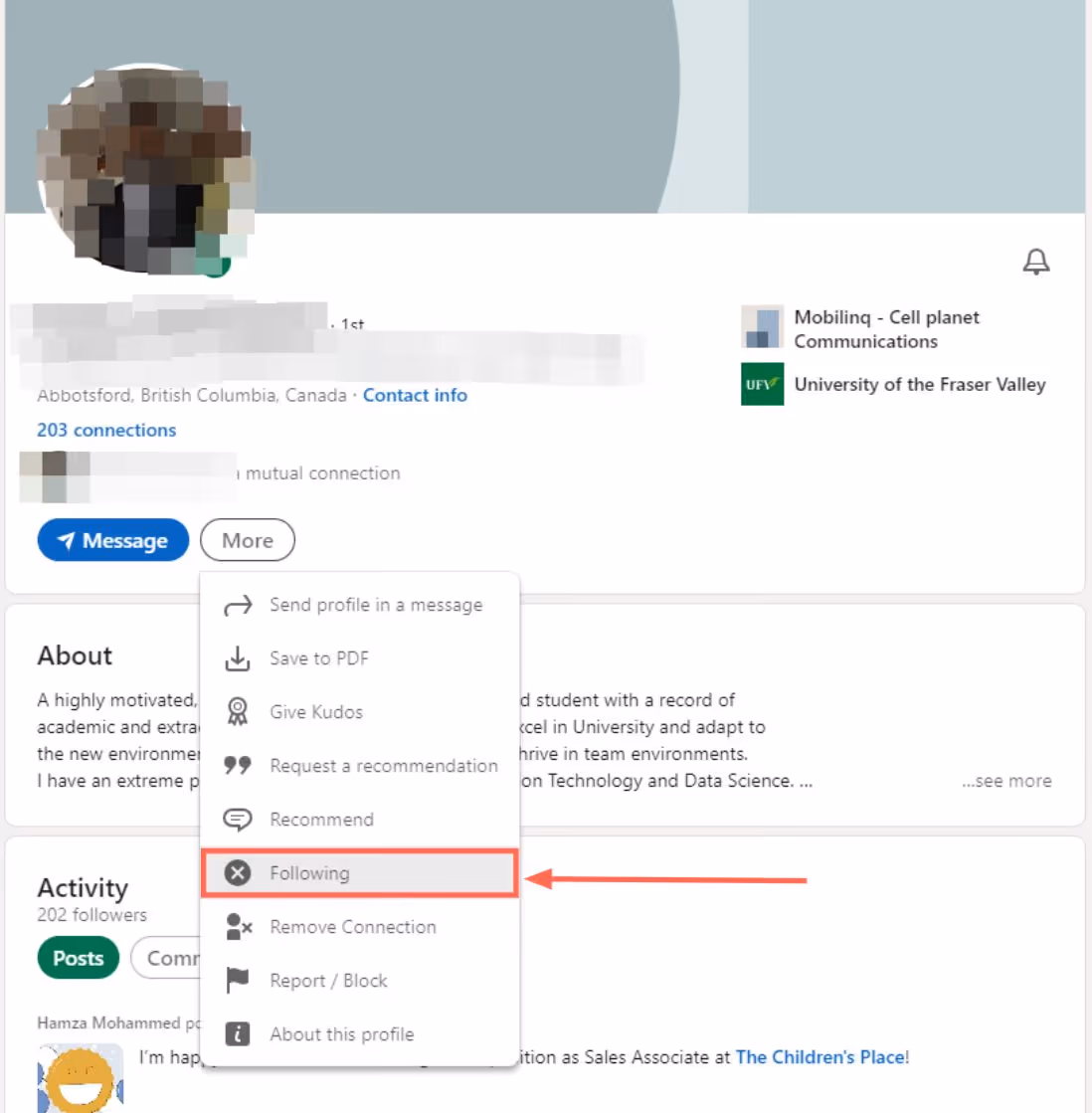 Step 3 to unfollow people on LinkedIn
