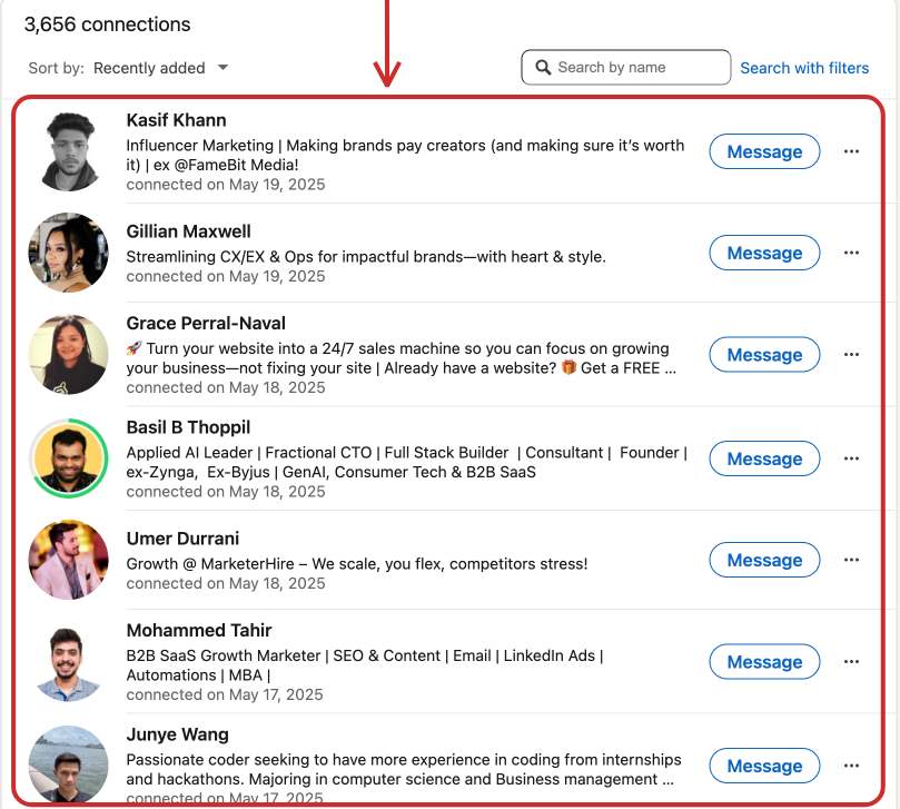 List of connections in LinkedIn