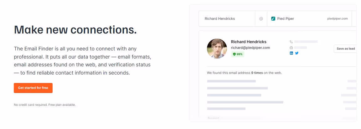 Hunter.io email finder page with headline "Make new connections."