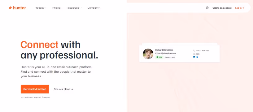 Hunter.io homepage with headline "Connect with any professional."