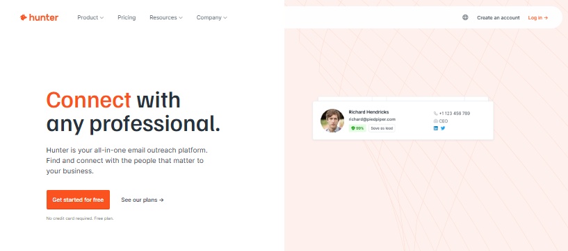 Hunter.io homepage with headline "Connect with any professional."