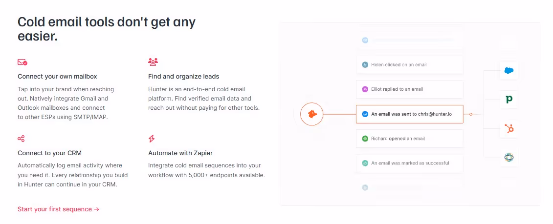Hunter.io cold email tools page with headline "Cold email tools don't get any easier."