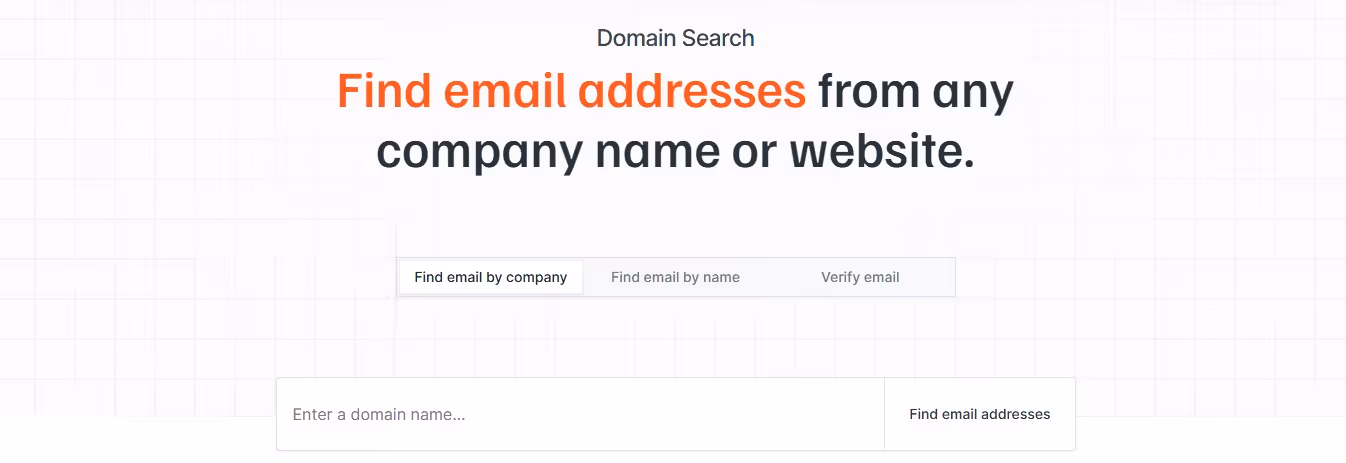 Hunter.io domain search page with headline "Find email addresses from any company name or website