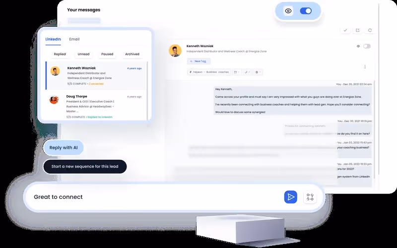 A mock LinkedIn message interface displaying conversations with contacts, with options to reply with AI or start a new sequence for a lead.