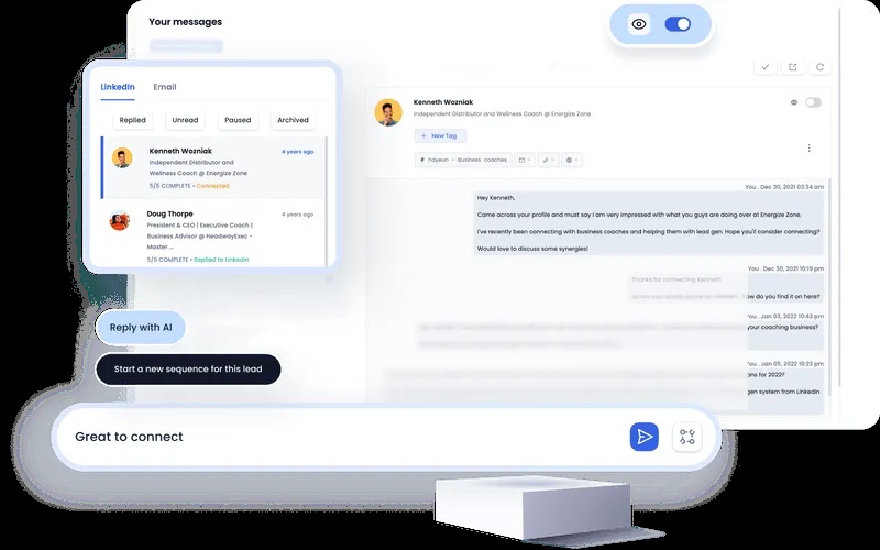 A mock LinkedIn message interface displaying conversations with contacts, with options to reply with AI or start a new sequence for a lead. 