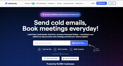 Saleshandy homepage with headline "Send cold emails, Book meetings everyday!"