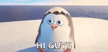 Animated baby penguin hatching from an egg and saying "HI GUYS"