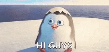 Animated penguin hatching from an egg and saying HI GUYS