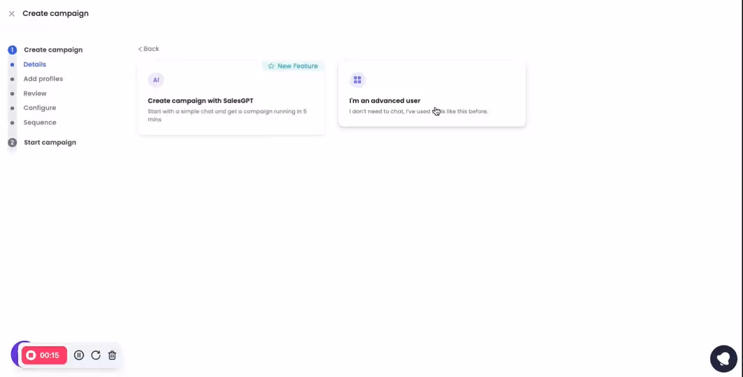 Screen recording tutorial gif of SalesRobot create campaign feature