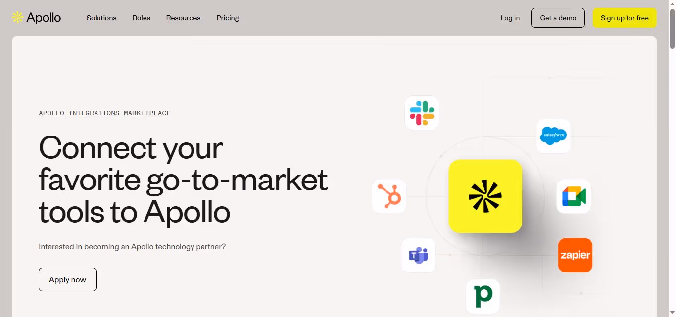 The image shows a landing page for Apollo.io integrations marketplace.