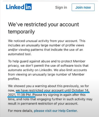 A screenshot of a LinkedIn page stating "We've restricted your account temporarily" with a date.