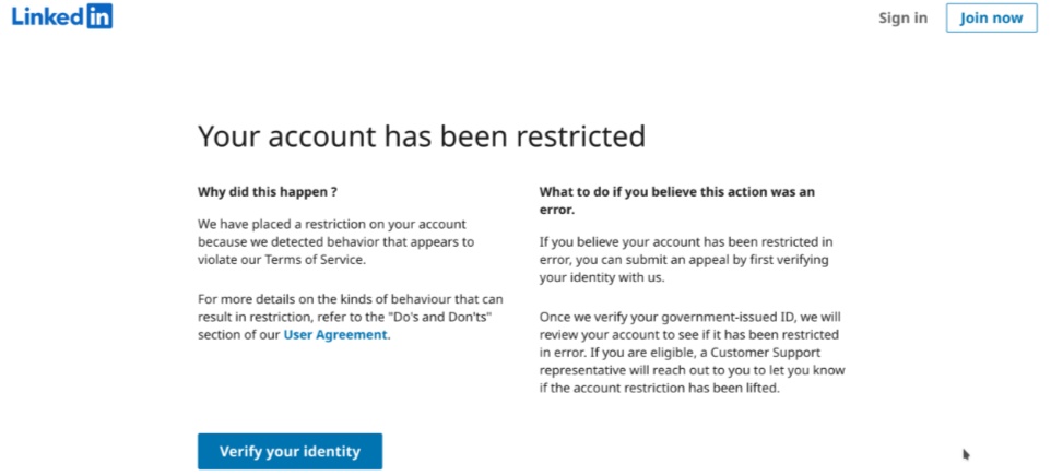 A screenshot of a LinkedIn page stating "Your account has been restricted" with options to verify identity.