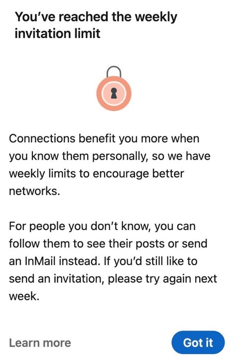 A screenshot of a LinkedIn page indicating the weekly invitation limit has been reached.
