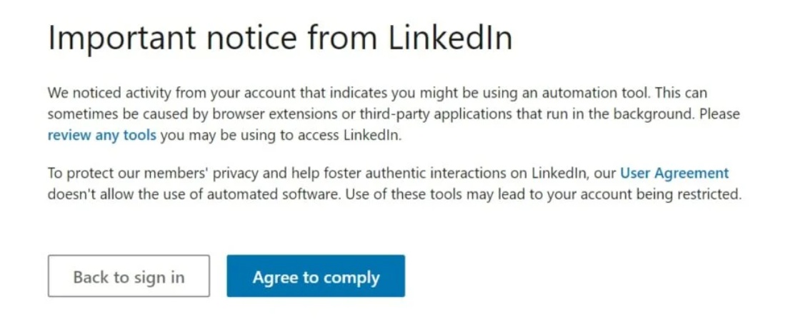 A screenshot of an Important Notice from LinkedIn regarding automation tools.