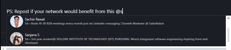 Shows how you can tag someone on a LinkedIn post after publishing.