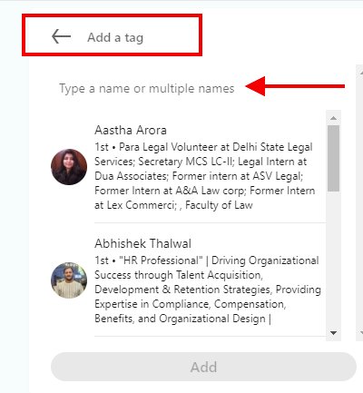 shows the dialog box where you need to enter the name of people you want to tag in a Linkedin photo. 