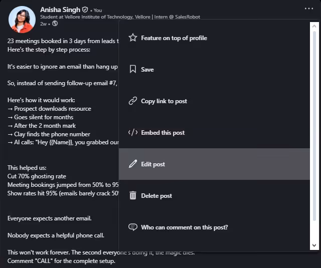 shows you 2 steps to edit a LinkedIn post.