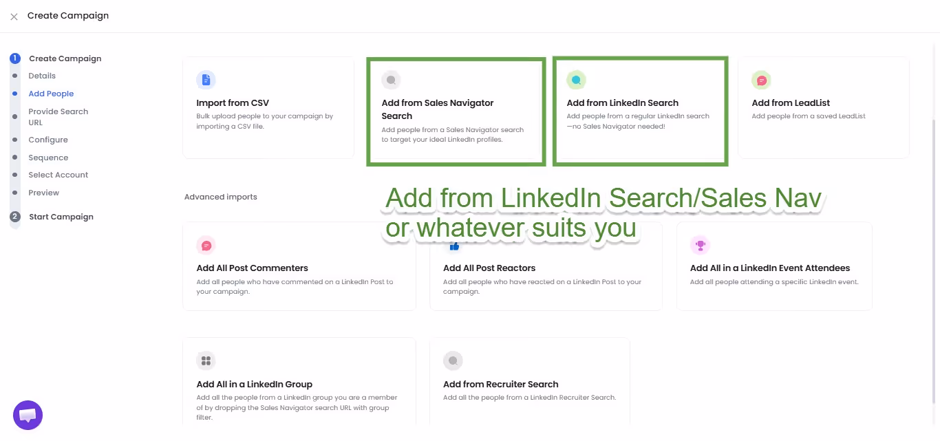 SalesRobot add profiles page with "Add from Linkedin Search" highlighted.
