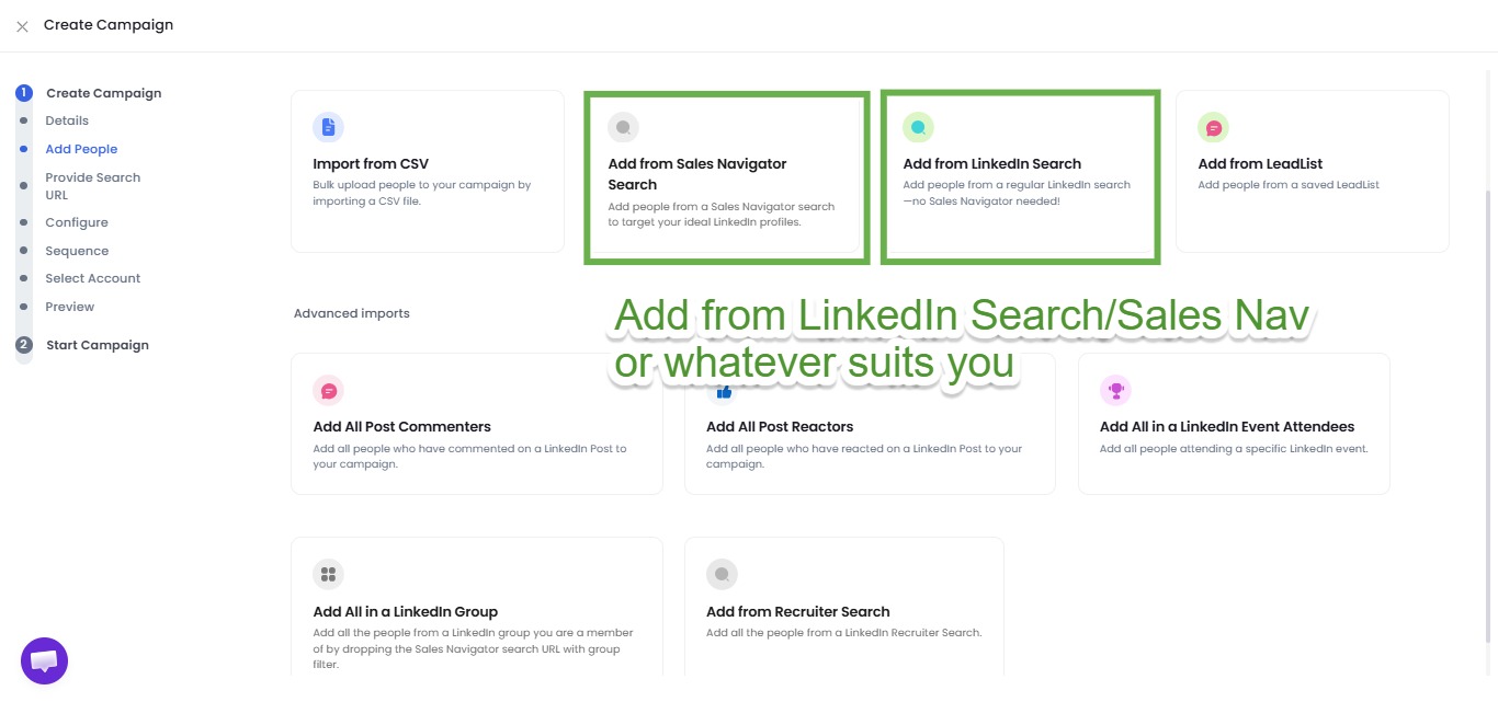 SalesRobot add profiles page with "Add from Linkedin Search" highlighted.