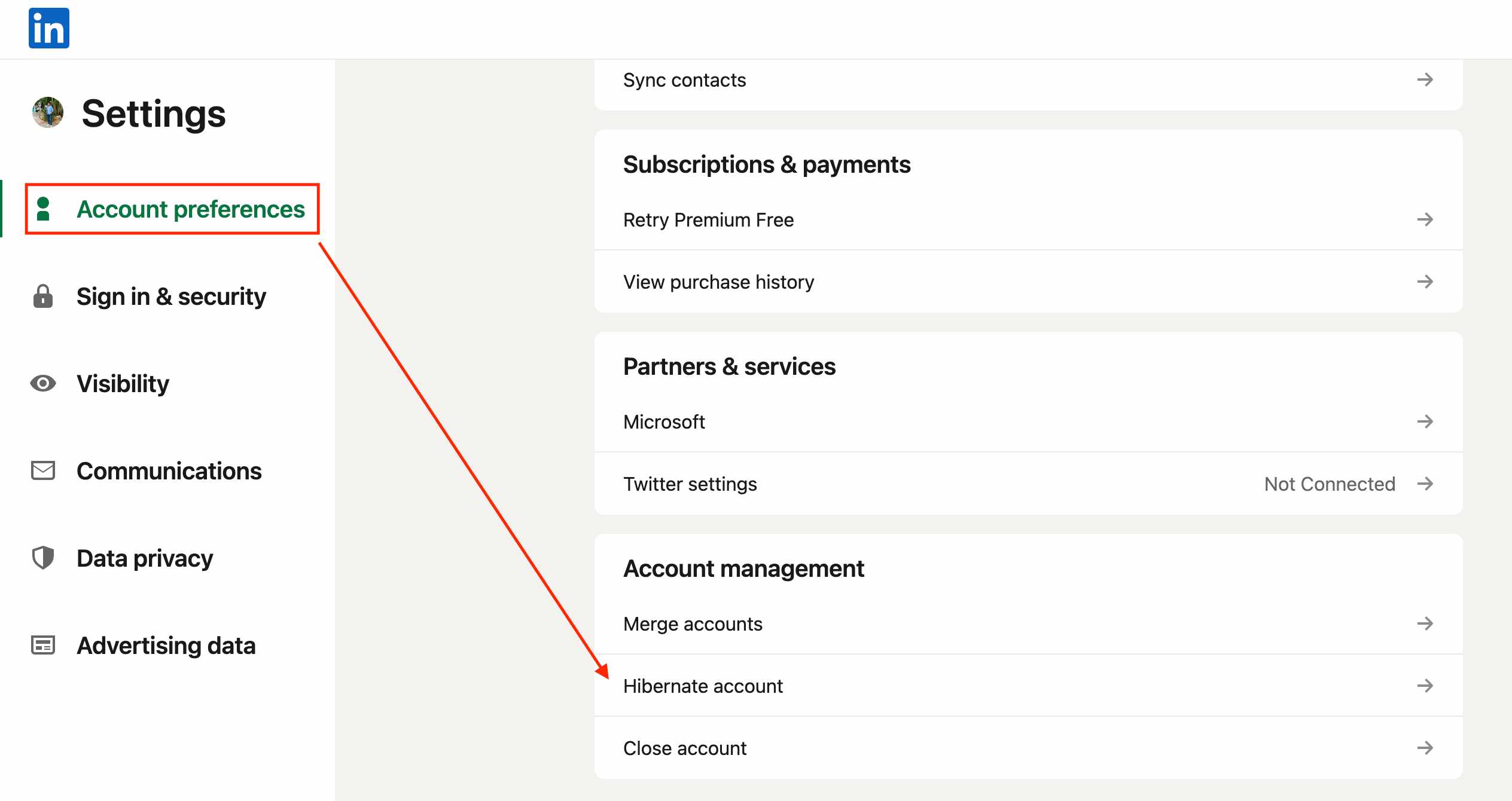 The option to hibernate your account is visible after you click Account preference
