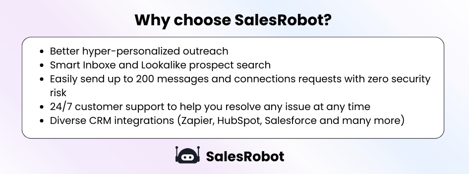 SalesRobot benefits include personalized outreach, smart inbox, secure messaging, 24/7 support, and CRM integrations.