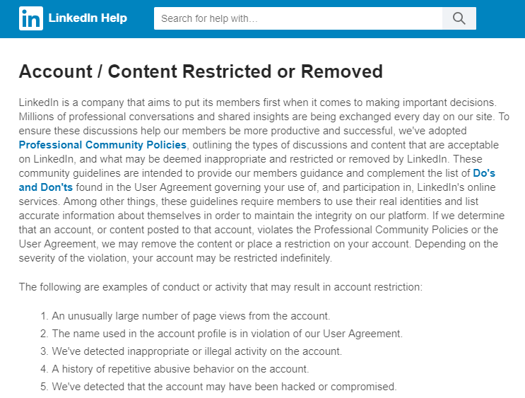 LinkedIn account/ content removed message 