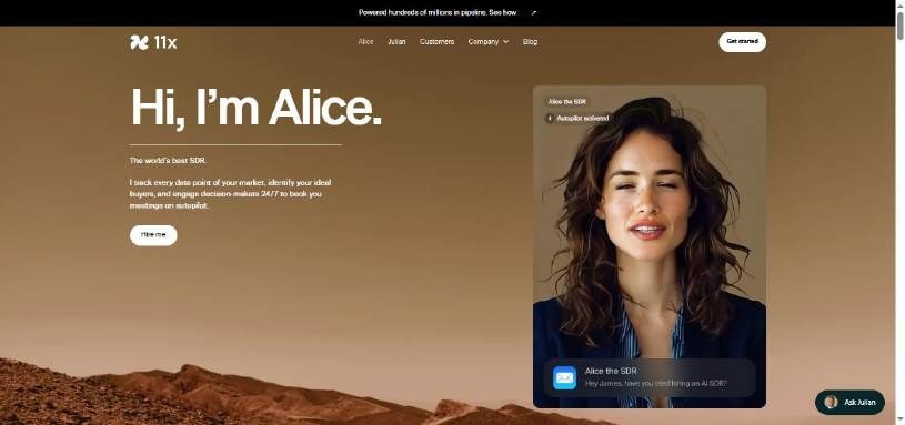 Homepage featuring Alice, an AI Sales Development Representative.