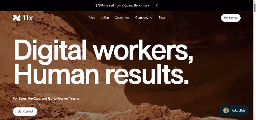 Homepage for 11x, featuring the headline "Digital workers, Human results."