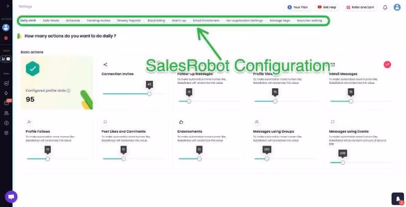 SalesRobot configuration page with various settings for daily actions.