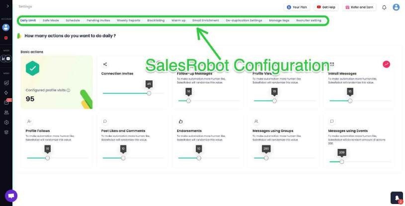 SalesRobot configuration page with various settings for daily actions.