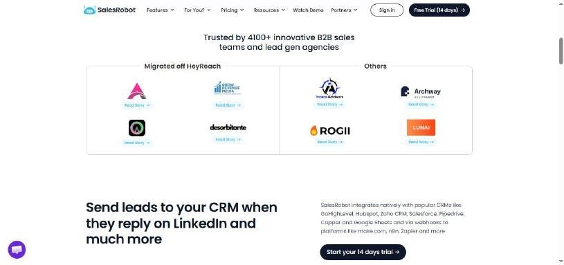 SalesRobot homepage displaying partner logos and CRM integration information.