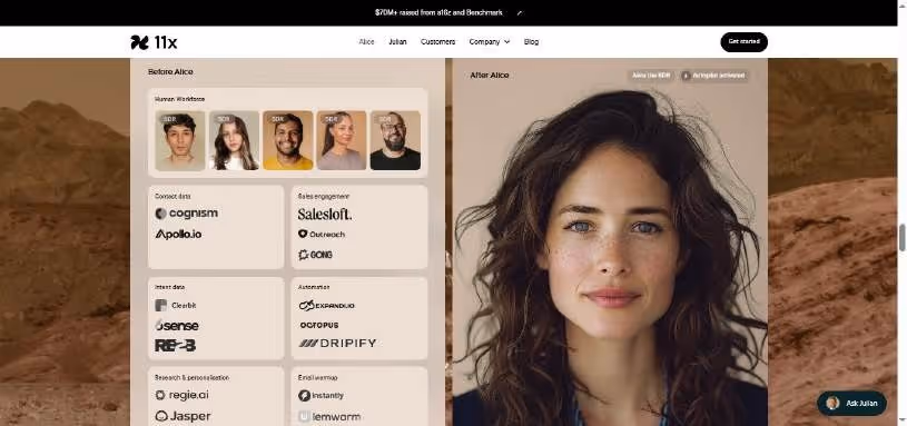  A split screen showing a 'before Alice' section with profile pictures and a 'after Alice' section with a woman's portrait