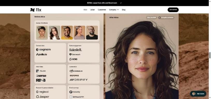  A split screen showing a 'before Alice' section with profile pictures and a 'after Alice' section with a woman's portrait