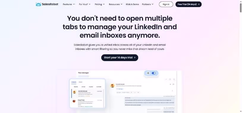 SalesRobot landing page with headline 'You don't need to open multiple tabs to manage your LinkedIn and email inboxes anymore.' 
