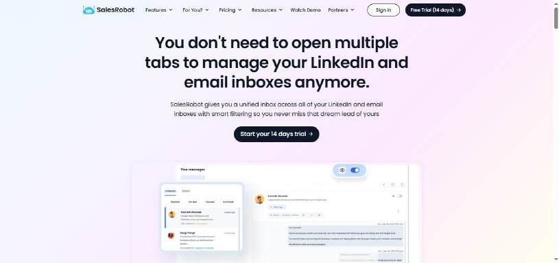 SalesRobot landing page with headline 'You don't need to open multiple tabs to manage your LinkedIn and email inboxes anymore.' 