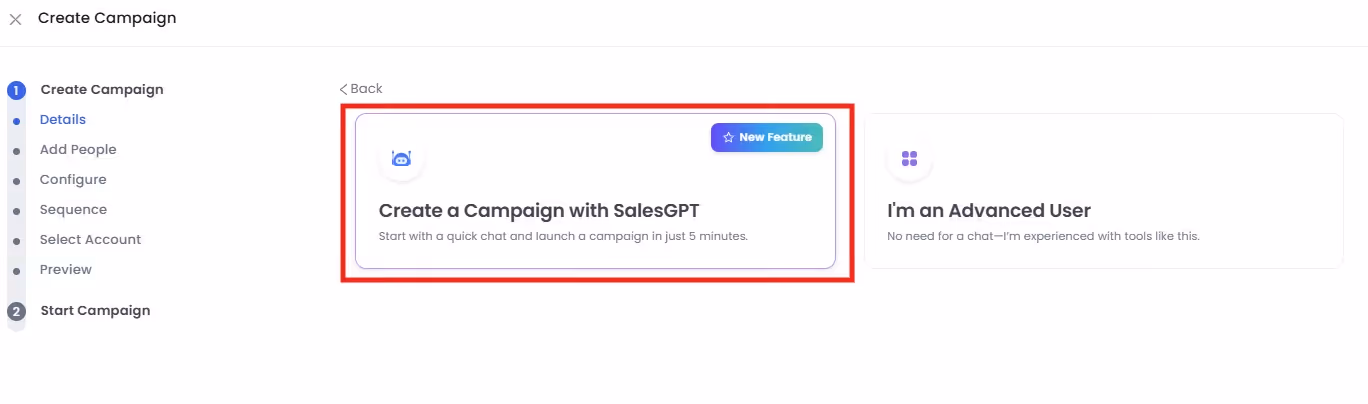 The Salesrobot page to create a SalesGPT campaign.