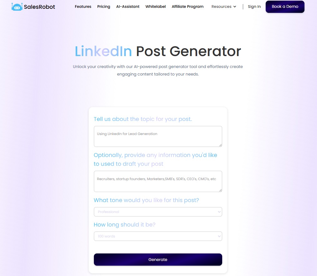 A landing page for SalesRobot's LinkedIn Post Generator tool.
