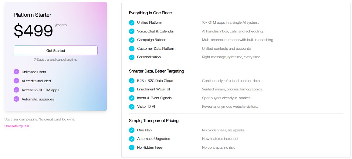 Screenshot of the graph8 "Platform Starter" pricing page, listing features and benefits of the $499/month plan.