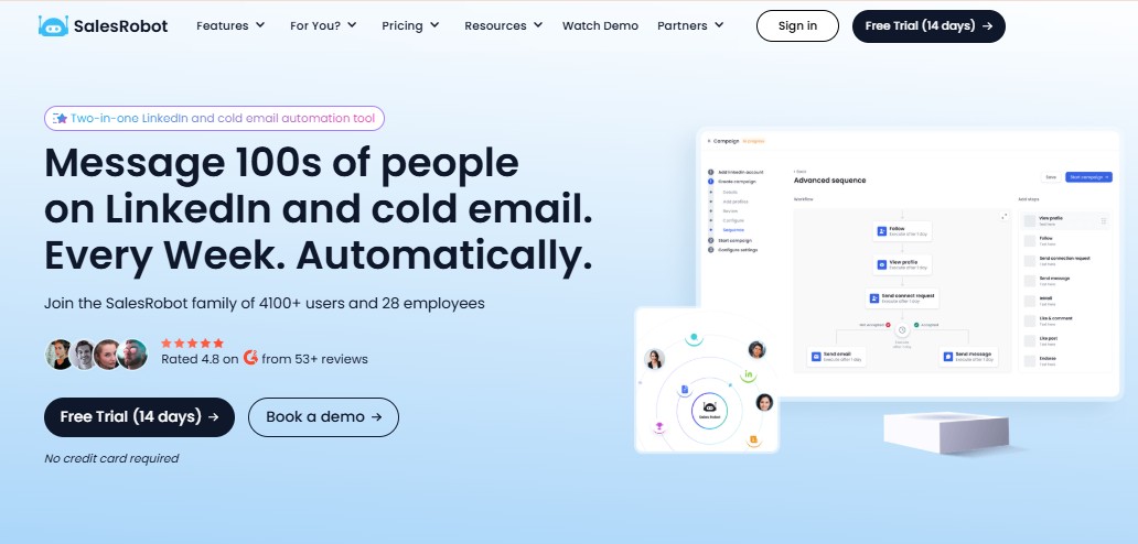 Screenshot of the SalesRobot website, promoting a "Two-in-one LinkedIn and cold email automation tool" with a free trial offer.